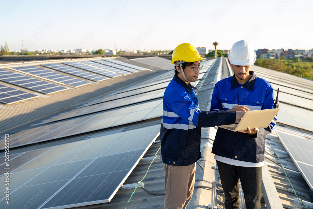 renewable,Energy,sustainable.technician professional engineer control checking top view of installing solar roof panel on the factory rooftop under sunlight.Engineers holding tablet check solar roof. renewable,Energy,sustainable.technician professional engineer control checking top view of installing solar roof panel on the factory rooftop under sunlight.Engineers holding tablet check solar roof.