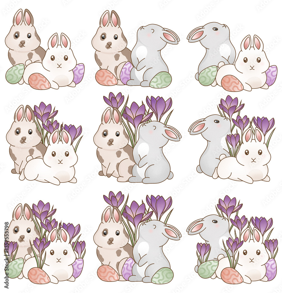 Obraz premium Easter collection with bunnies, flowers and easter eggs. Colorful illustrations on white background