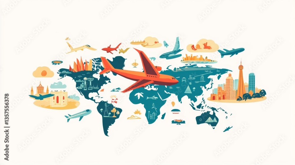 Naklejka premium Global aviation trends air travel insights world map infographic digital art aerial view modern tourism