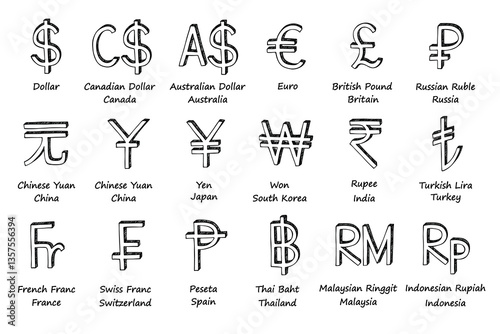 Hand drawn currency symbol set Dollar euro pound ruble yuan yen won rupee lira franc peseta baht ringgit rupiah