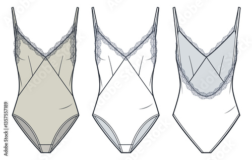 Lace Trim Bodysuit Technical Fashion Illustration. Lingerie Bodysuit fashion flat technical drawing template, open back, straps, front and back view, white, beige, women CAD mockup set.
