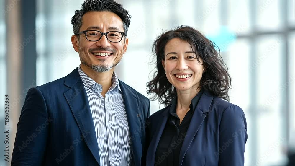 Diverse couple in professional attire sharing a joyful moment in a sunlit office setting. Diverse couple in professional attire sharing a joyful moment in a sunlit office setting.