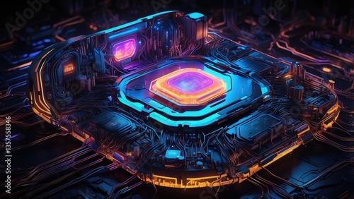 Close-up of a futuristic microchip with glowing circuits on a dark blue and black circuit board.