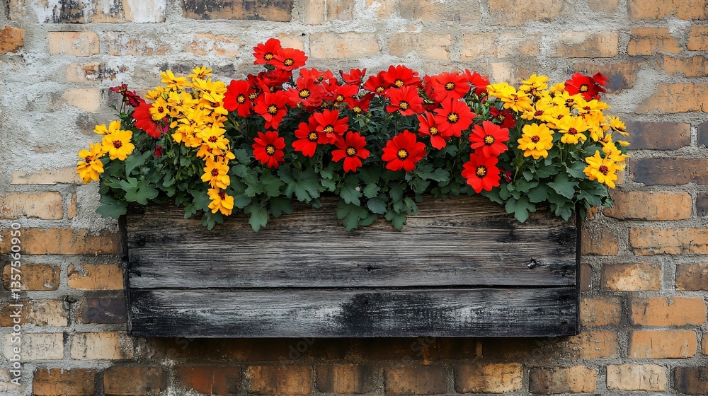 Naklejka premium A close up shot of a rustic wooden window box filled with vibrant red and yellow flowers, against a vintage brick wall