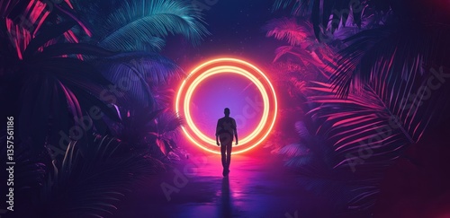 Fototapeta Naklejka Na Ścianę i Meble -  Person walking toward neon ring in tropical garden