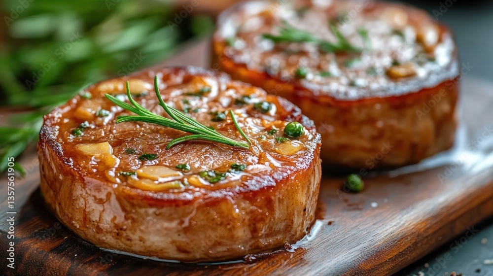 Two perfectly seared, flavorful steaks resting on a wooden board, garnished with fresh rosemary and pepper Two perfectly seared, flavorful steaks resting on a wooden board, garnished with fresh rosemary and pepper