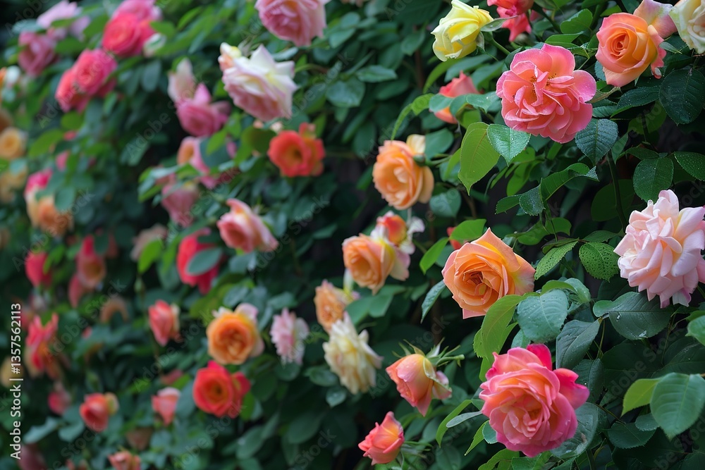 Blooming roses in pink, orange, and cream hues over green foliage Blooming roses in pink, orange, and cream hues over green foliage