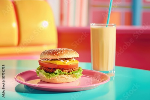 A vibrant diner scene featuring a burger on a pink plate beside a tall glass of milkshake with straw.