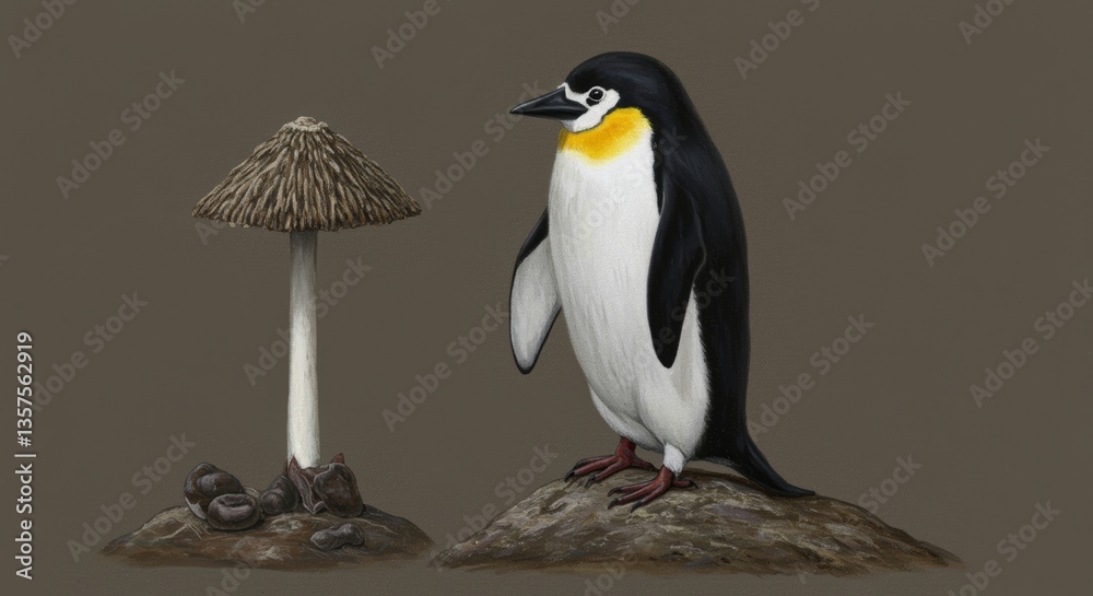 Obraz premium Empowered Flightless Bird Stands Proudly Next To a Tall Mushroom with Brown Background