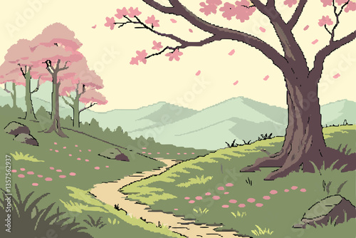 3 Pixel art, enchanted forest clearing, blooming cherry blossom trees, lush green grass, vibrant wildflowers, distant mountains, dreamy atmosphere, soft pastel colors, dappled sunlight, serene landsca