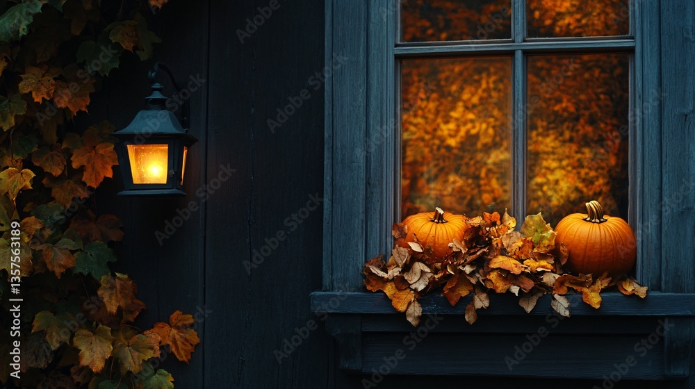 Obraz premium A moody autumn night where a window box filled with dried leaves and pumpkins is bathed in the glow of a nearby lantern