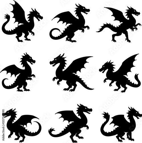 Dragon Silhouettes: Winged Fantasy Creatures, Vector Set