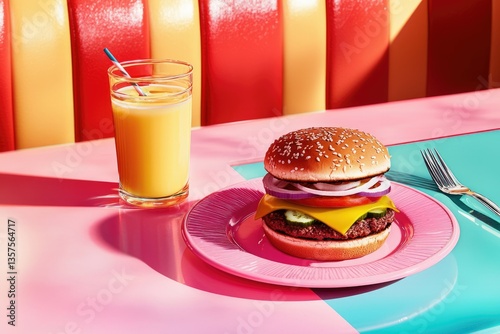 A vibrant image of a burger, orange juice, and a fork placed on a colorful pink and blue table.