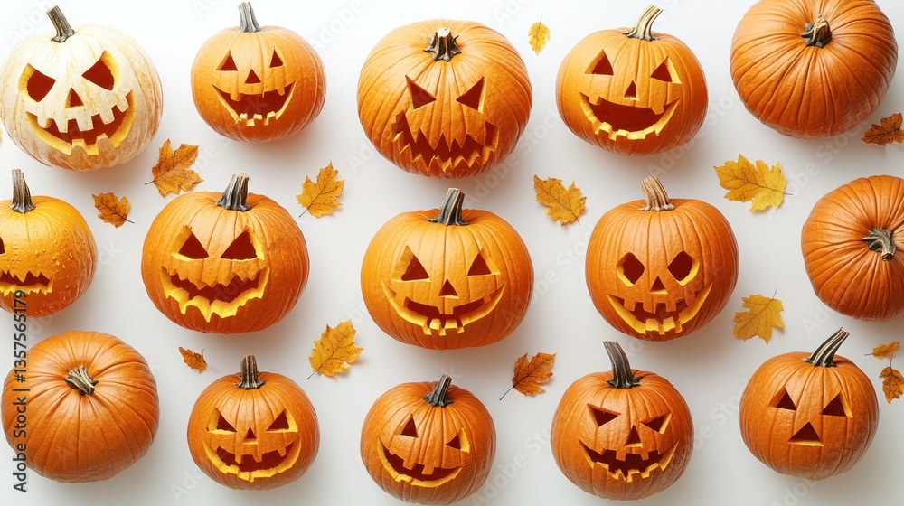Jack-o'-lanterns, autumn leaves, white background, Halloween decorations, website banner Jack-o'-lanterns, autumn leaves, white background, Halloween decorations, website banner