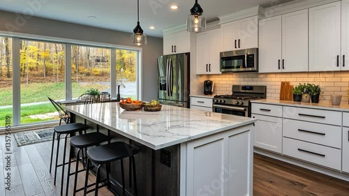 Modern kitchen design showcasing sleek appliances and a spacious countertop in a serene fall setting