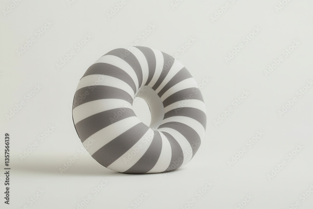 Obraz premium A minimalist, striped cushion in gray and white, designed in a circular shape, emphasizing modern decor aesthetics.