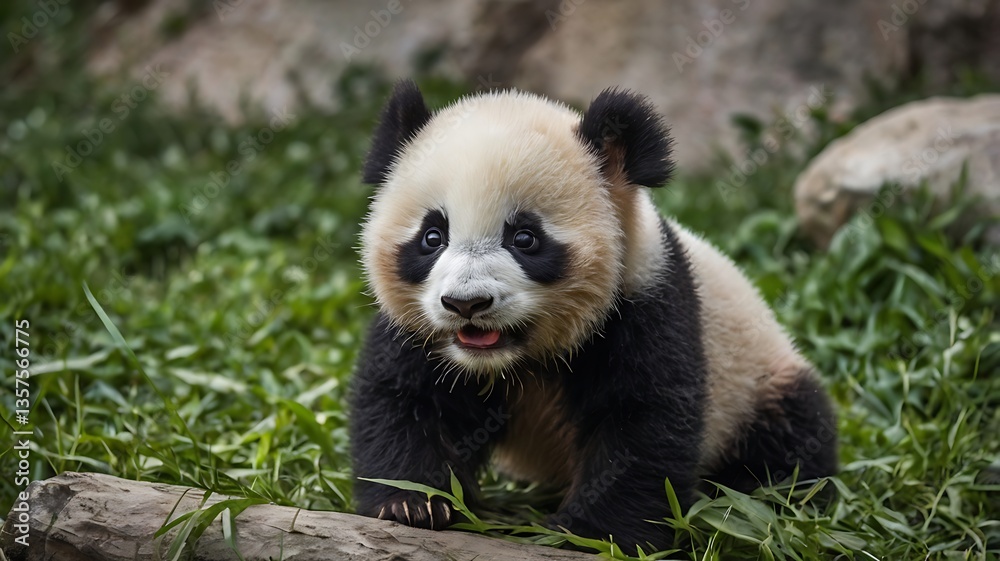 Fototapeta premium giant panda eating bamboo