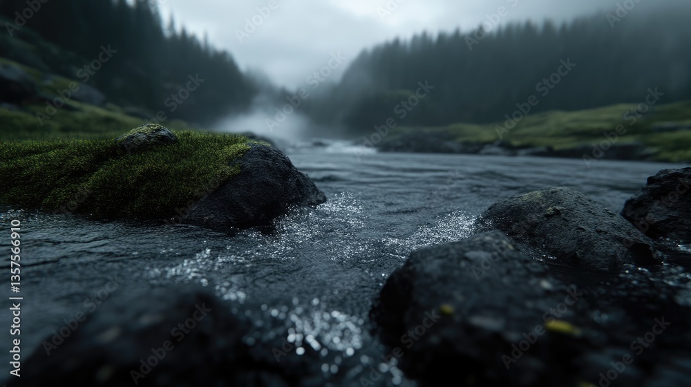 Obraz premium Misty mountain river flowing over rocks