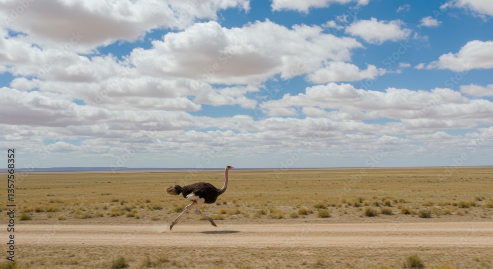 Fototapeta premium Ostrich sprinting across a dirt road under a vast blue and cloudy sky