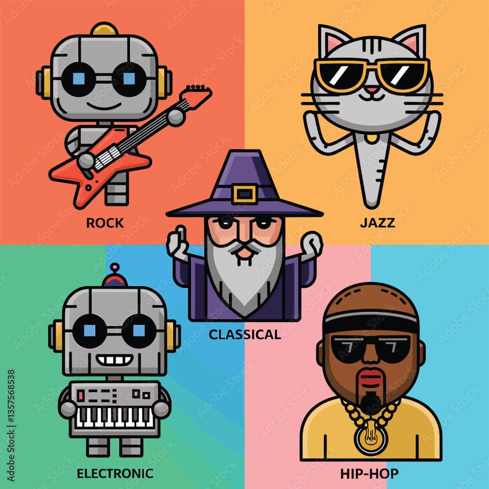 Fototapeta premium 2d vector illustration icon cool entertainment cartoon character music tools (Drum , Music Note , Headphones ,Microphone , Piano , Guitar ,Record)