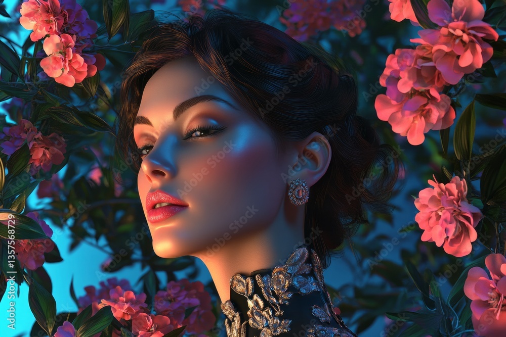 Elegant woman posed against vibrant floral backdrop in soft light during a serene moment of reflection