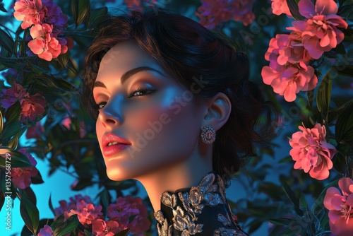Obraz na płótnie Elegant woman posed against vibrant floral backdrop in soft light during a serene moment of reflection w salonie