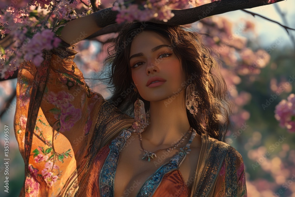 Woman posing gracefully among blooming cherry blossoms during sunset in a serene outdoor setting