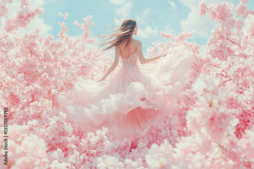 Woman in flowing gown dances among blooming cherry blossoms in a vibrant spring landscape