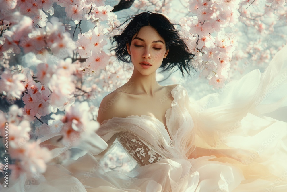 Model in flowing gown surrounded by cherry blossoms during springtime sunshine