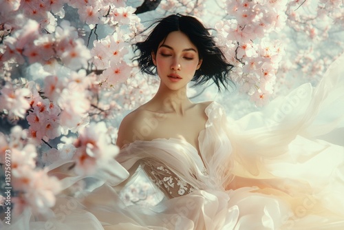 Obraz na płótnie Model in flowing gown surrounded by cherry blossoms during springtime sunshine w salonie