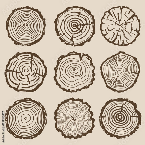 Wood tree trunk rings. Hand Drawn Growth rings set. Wooden logs, Cut trees collection. Annual rings on a tree cut, lumber circles