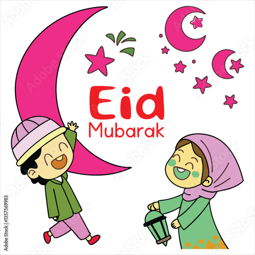 A lighthearted, cartoon-style Eid design with happy moons, stars, and little lanterns smiling around Eid Mubarak