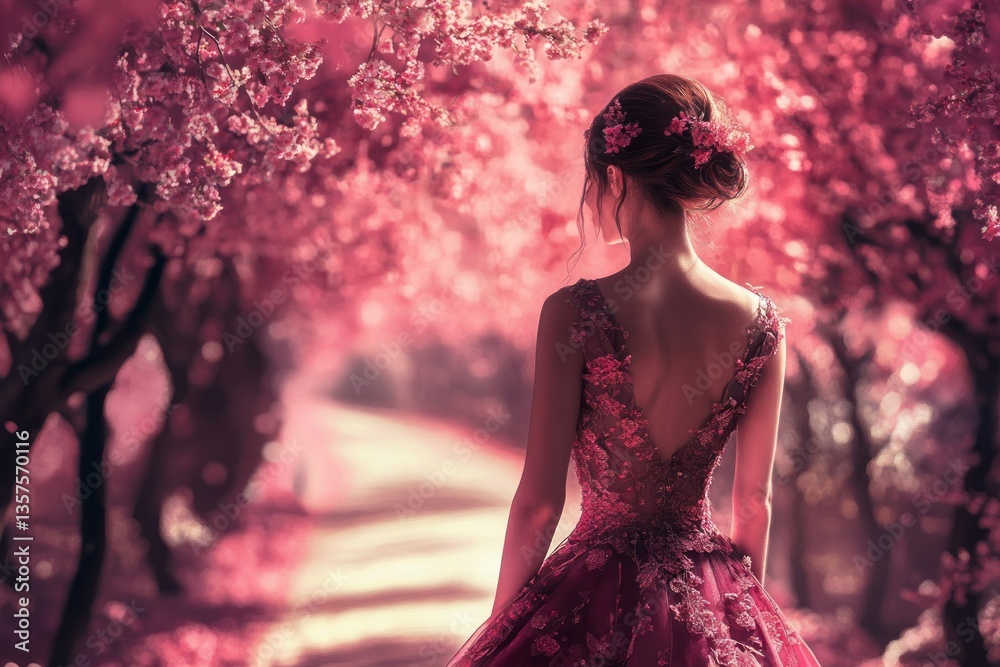 Woman in elegant gown walks through cherry blossom path during springtime in a serene garden setting