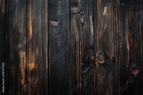 Dark, aged wooden planks.  Close up view of weathered, charcoal-toned wood.  Vertical grain is prominent.  Natural wood knots and textures are visible