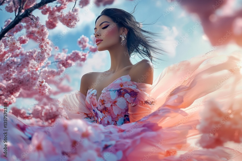 Woman in floral dress surrounded by cherry blossoms during springtime in a vibrant outdoor setting