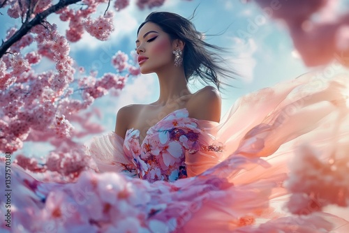 Obraz na płótnie Woman in floral dress surrounded by cherry blossoms during springtime in a vibrant outdoor setting w salonie
