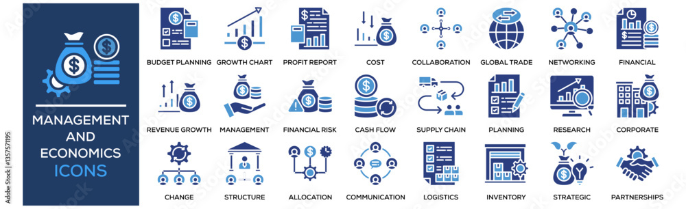 Management and Economics icon collection set. Containing design Budget Planning, Growth Chart, Profit Report, Cost Reduction, Team, Collaboration Management and Economics icon collection set. Containing design Budget Planning, Growth Chart, Profit Report, Cost Reduction, Team, Collaboration