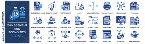 Management and Economics icon collection set. Containing design Budget Planning, Growth Chart, Profit Report, Cost Reduction, Team, Collaboration
