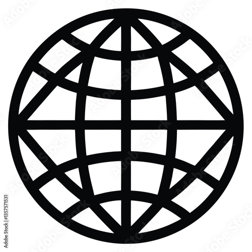 black and white icon, simplified globe symbol, geometric design, wireframe sphere, minimalist world representation, circular logo, monochrome graphic, global network concept, interconnected lines,