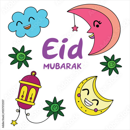 A lighthearted, cartoon-style Eid design with happy moons, stars, and little lanterns smiling around Eid Mubarak