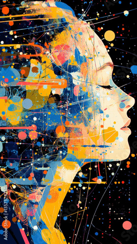Female Profile Merged with Abstract Neural Network and Vibrant Data Streams
