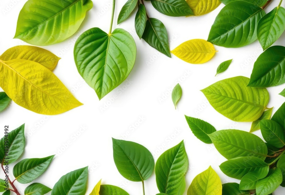 Vibrant green leaves, various shapes and sizes, isolated on pure white, shrub, flora Vibrant green leaves, various shapes and sizes, isolated on pure white, shrub, flora
