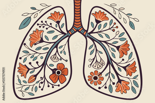 10 Anatomical lungs illustration, floral design, vintage botanical art, colorful flowers blooming inside lung shape, intricate detail, orange and blue color palette, antique medical diagram style, whi