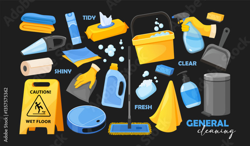 Vector cartoon cleaning equipment icons collection includes cleaning spray, robot vacuum cleaner, wet napkins, water bucket, air freshener, soap with bubbles, wet floor sign etc.
