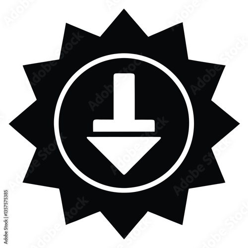 Black and white icon, circular design, downward arrow, star-shaped border, minimalist graphic, bold contrasting shapes, download symbol, geometric emblem, simple vector illustration, stark monochrome,