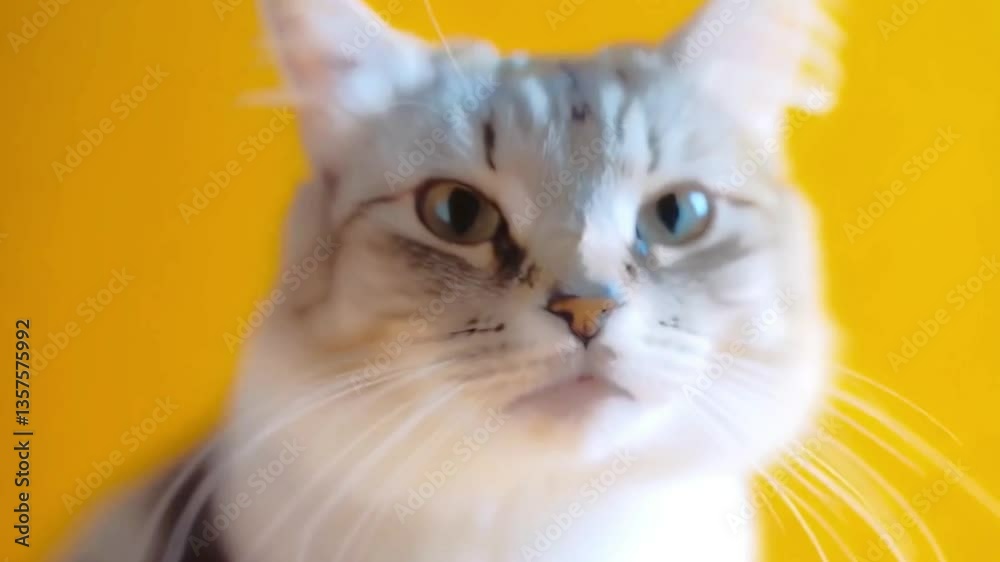 Adorable fluffy white and gray cat with blue eyes posing in front of a vibrant yellow background