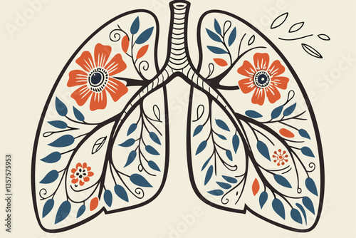 10 Anatomical lungs illustration, floral design, vintage botanical art, colorful flowers blooming inside lung shape, intricate detail, orange and blue color palette, antique medical diagram style, whi