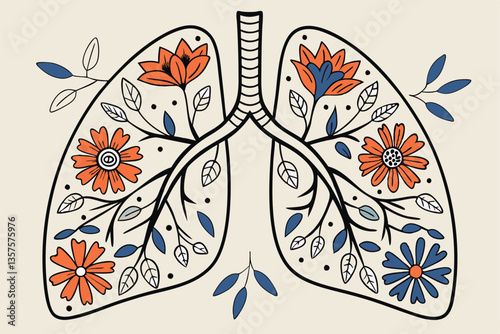 10 Anatomical lungs illustration, floral design, vintage botanical art, colorful flowers blooming inside lung shape, intricate detail, orange and blue color palette, antique medical diagram style, whi