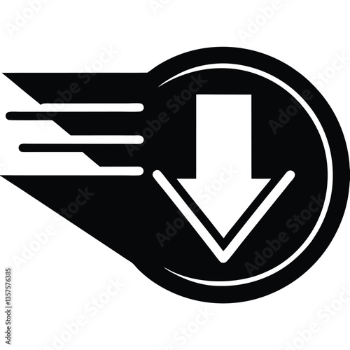 Black and white logo, minimalist design, downward arrow, circular shape, speed lines, motion graphic, abstract symbol, download icon, sleek emblem, vector art, high contrast, simple geometry, 