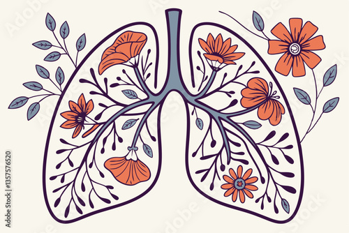 10 Anatomical lungs illustration, floral design, vintage botanical art, colorful flowers blooming inside lung shape, intricate detail, orange and blue color palette, antique medical diagram style, whi